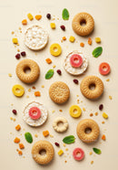 Assorted round biscuits and colorful gummy candies with mint