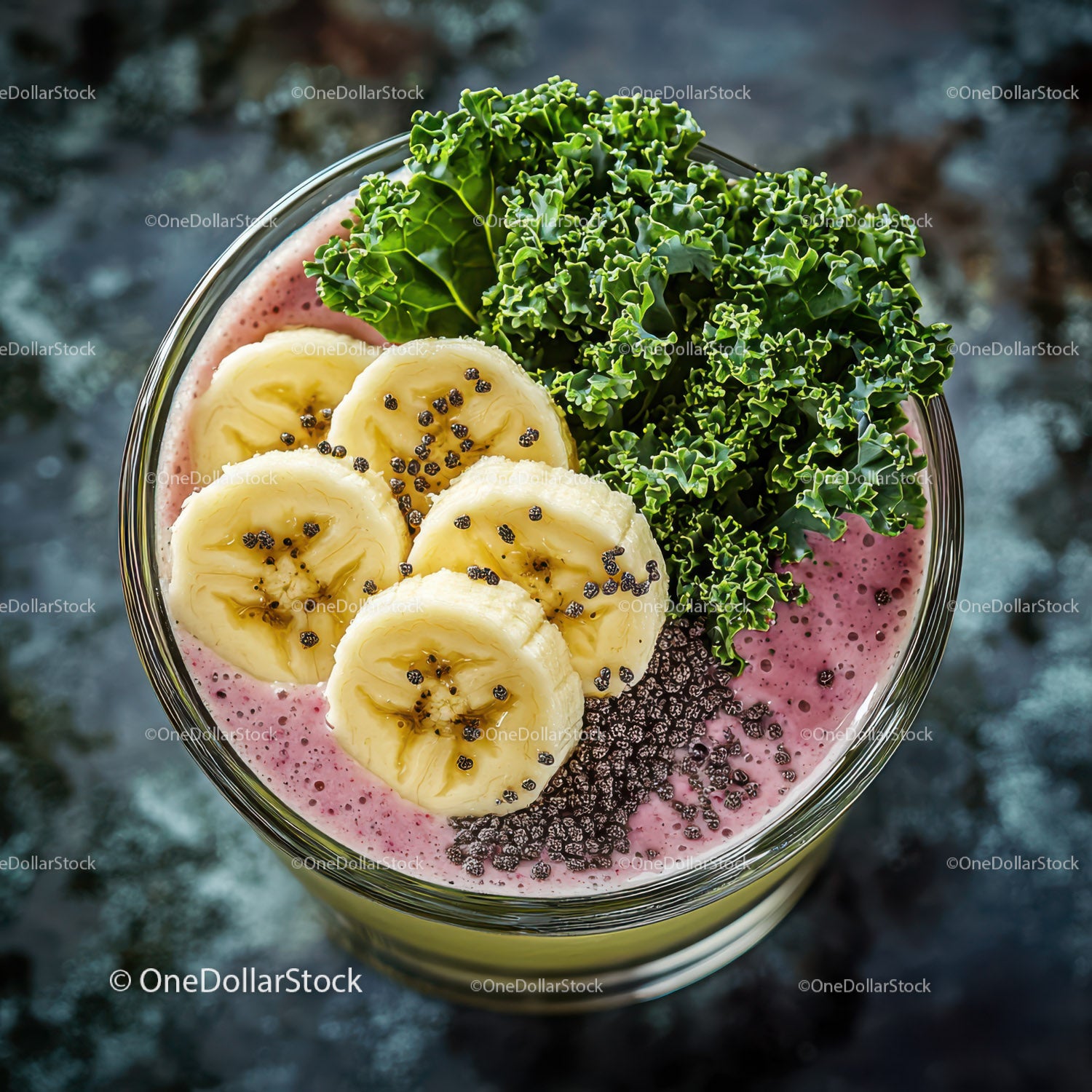 Fresh Banana and Kale Smoothie Bowl with Chia Seeds and Berry Topping