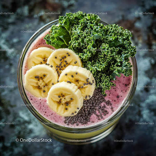 Świeża miska smoothie z bananem i jarmużem z nasionami chia i owocową posypką