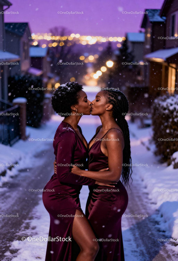 Romantic Winter Evening Kiss Between Two Women