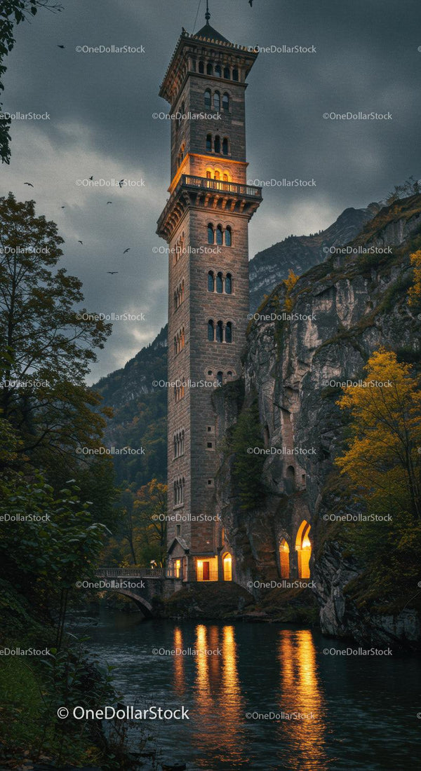 Tall Medieval Stone Tower Surrounded by Mountains and River Scene