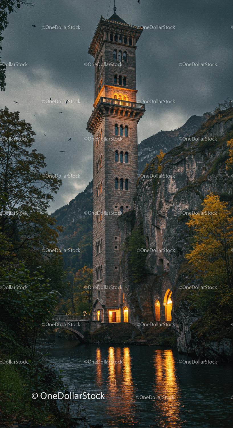Tall Medieval Stone Tower Surrounded by Mountains and River Scene