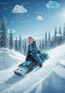 Child sledding on giant USB drive in snowy winter forest