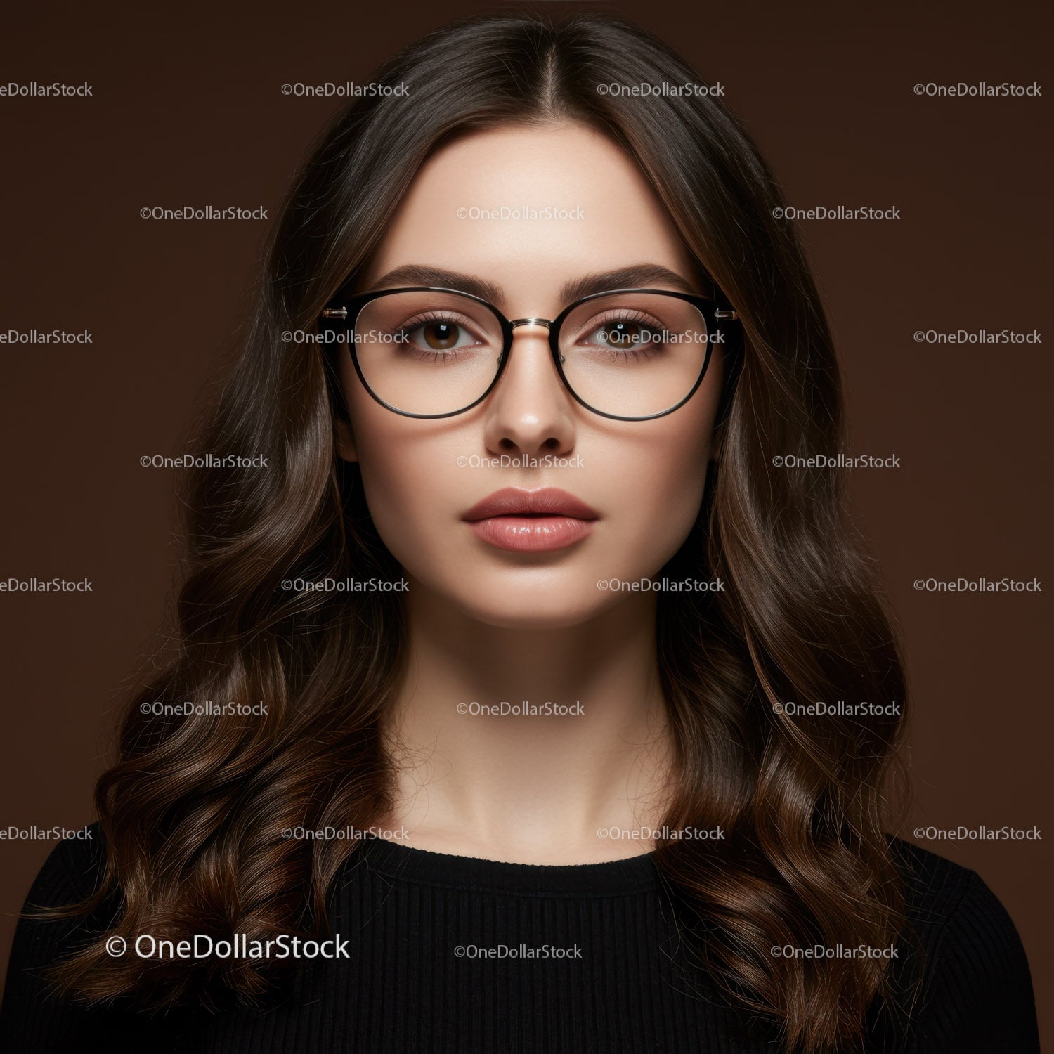 Elegant Young Woman Wearing Stylish Glasses with Brown Background