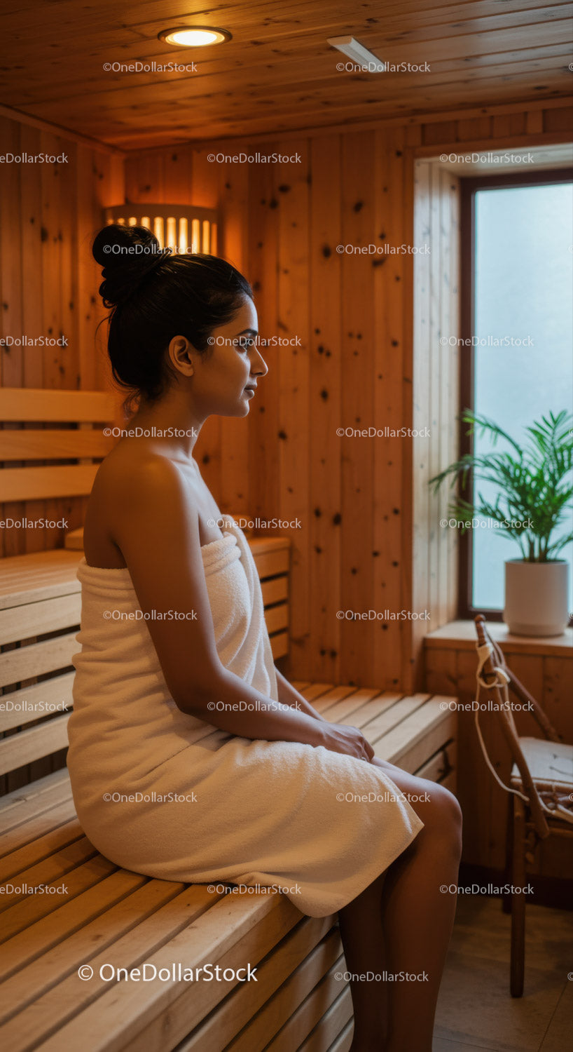 Relaxing Woman in Toweling Sitting in Wooden Sauna Room