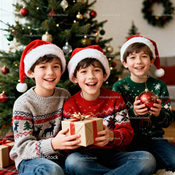 Happy boys celebrating Christmas with gifts and decorations