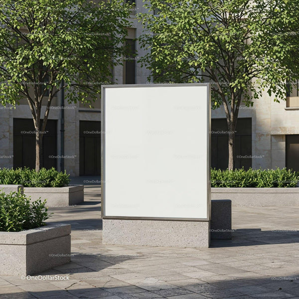 Blank urban billboard surrounded by green trees and planters JPG Mockup Image