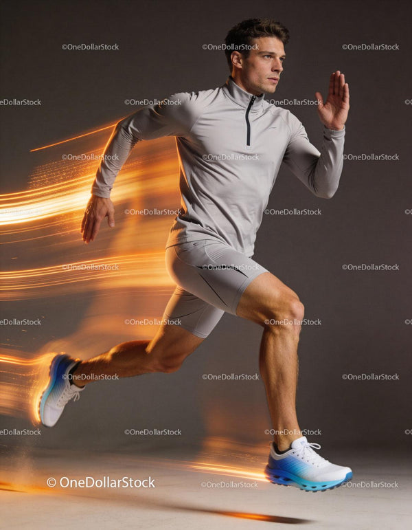 Athlete sprinting with dynamic light trails in studio