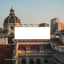 Urban skyline with historic dome and blank billboard