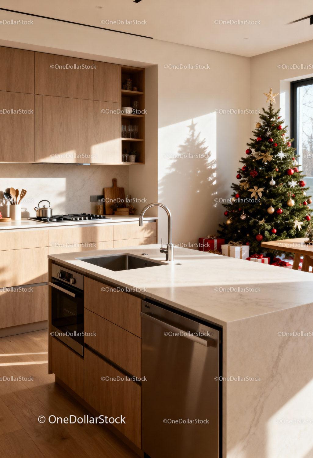 Modern kitchen interior with decorated Christmas tree