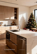 Modern kitchen interior with decorated Christmas tree