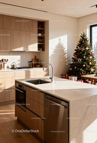Modern kitchen interior with decorated Christmas tree
