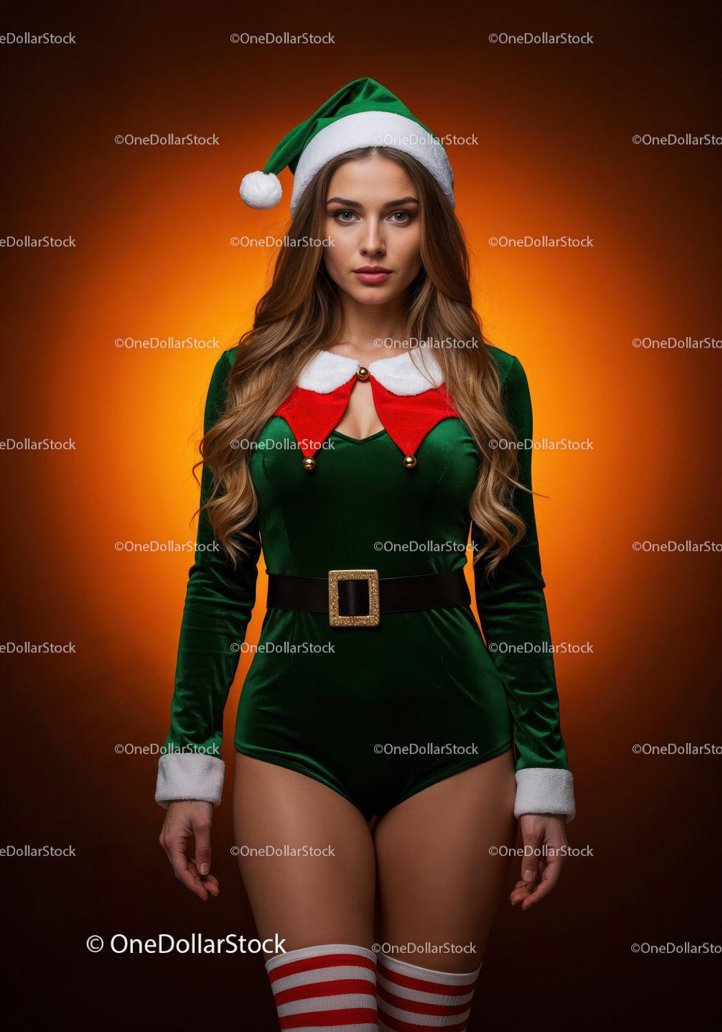 Woman in Festive Elf Costume with Striped Stockings