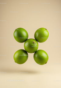 Five fresh green limes floating on beige background