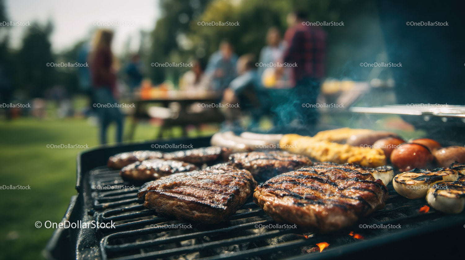 Vibrant Outdoor BBQ with Grilled Steak Sausages and Vegetables