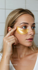 Woman Applying Gold Eye Mask for Luxury Skincare and Relaxation