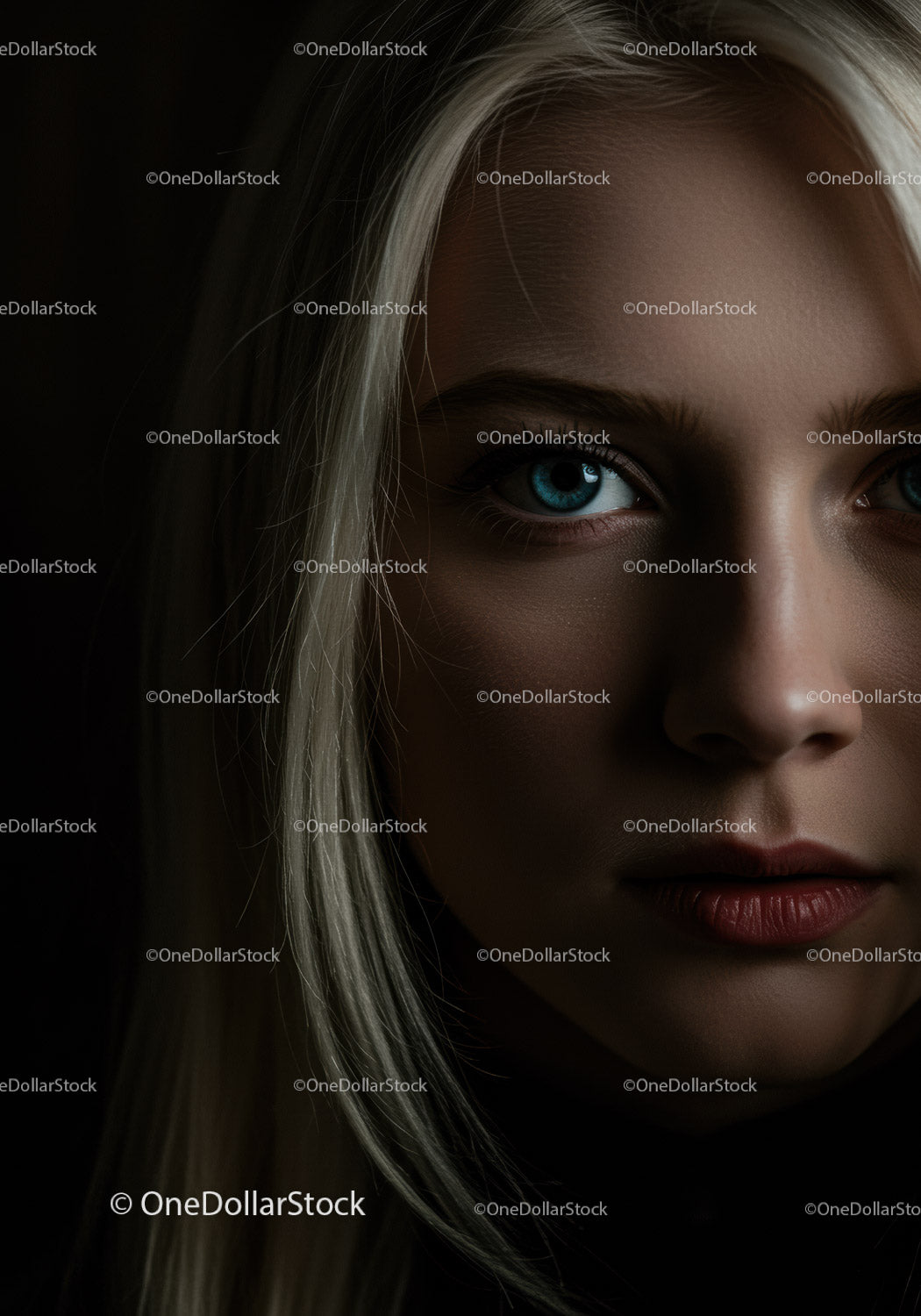 Close up portrait of a woman with striking blue eyes