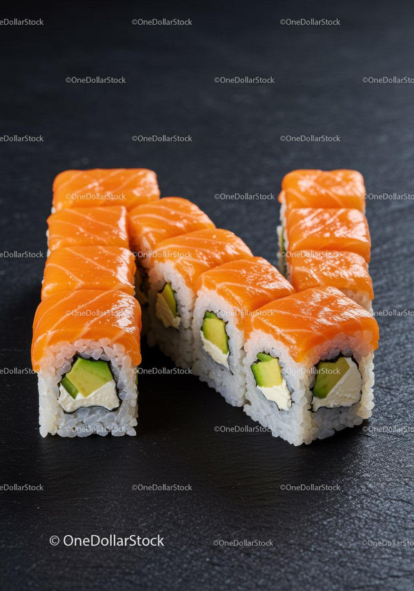 Świeże rolki sushi z łososiem, awokado i serem kremowym