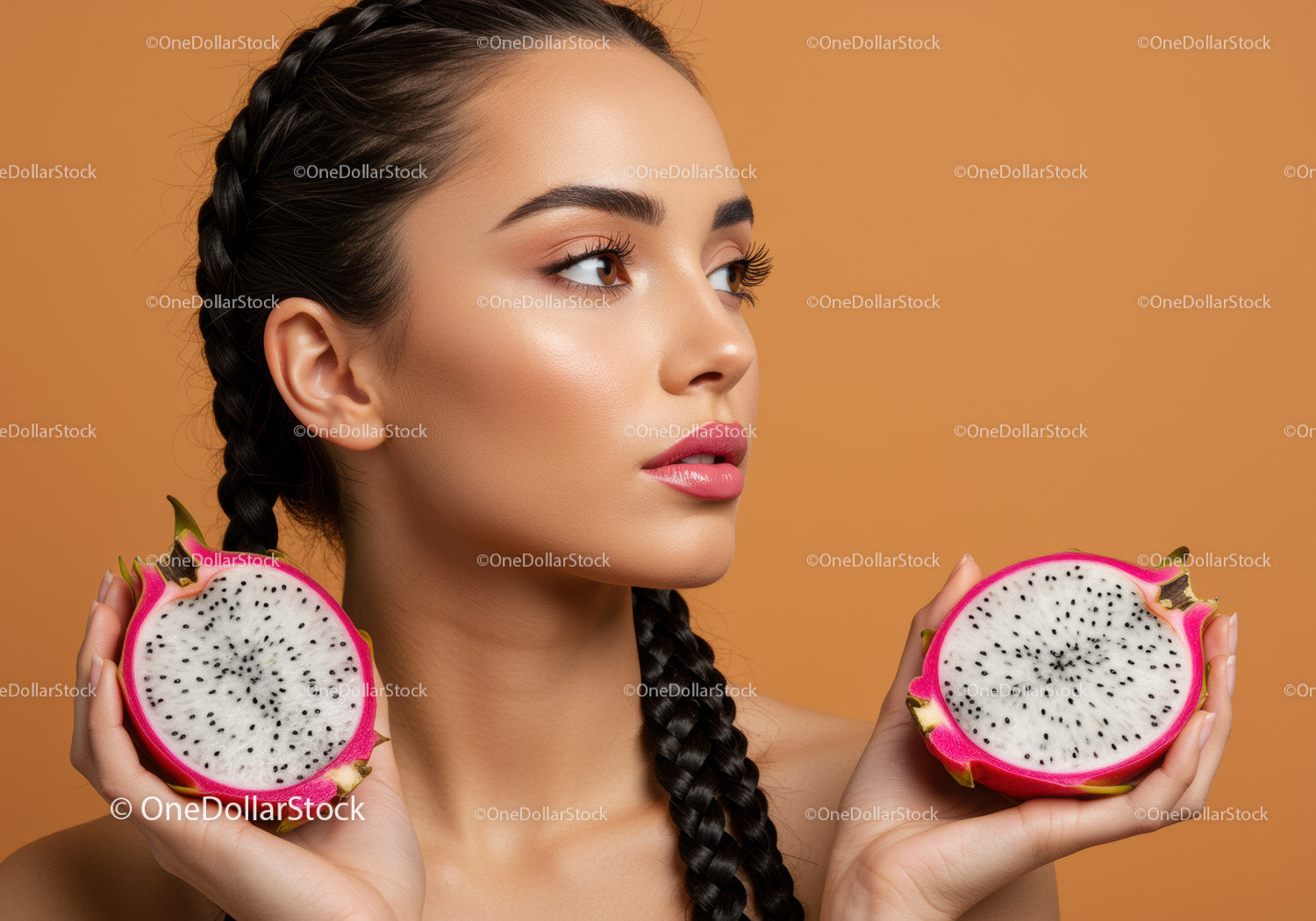 Portrait of Beautiful Woman Holding Fresh Pink Dragon Fruit