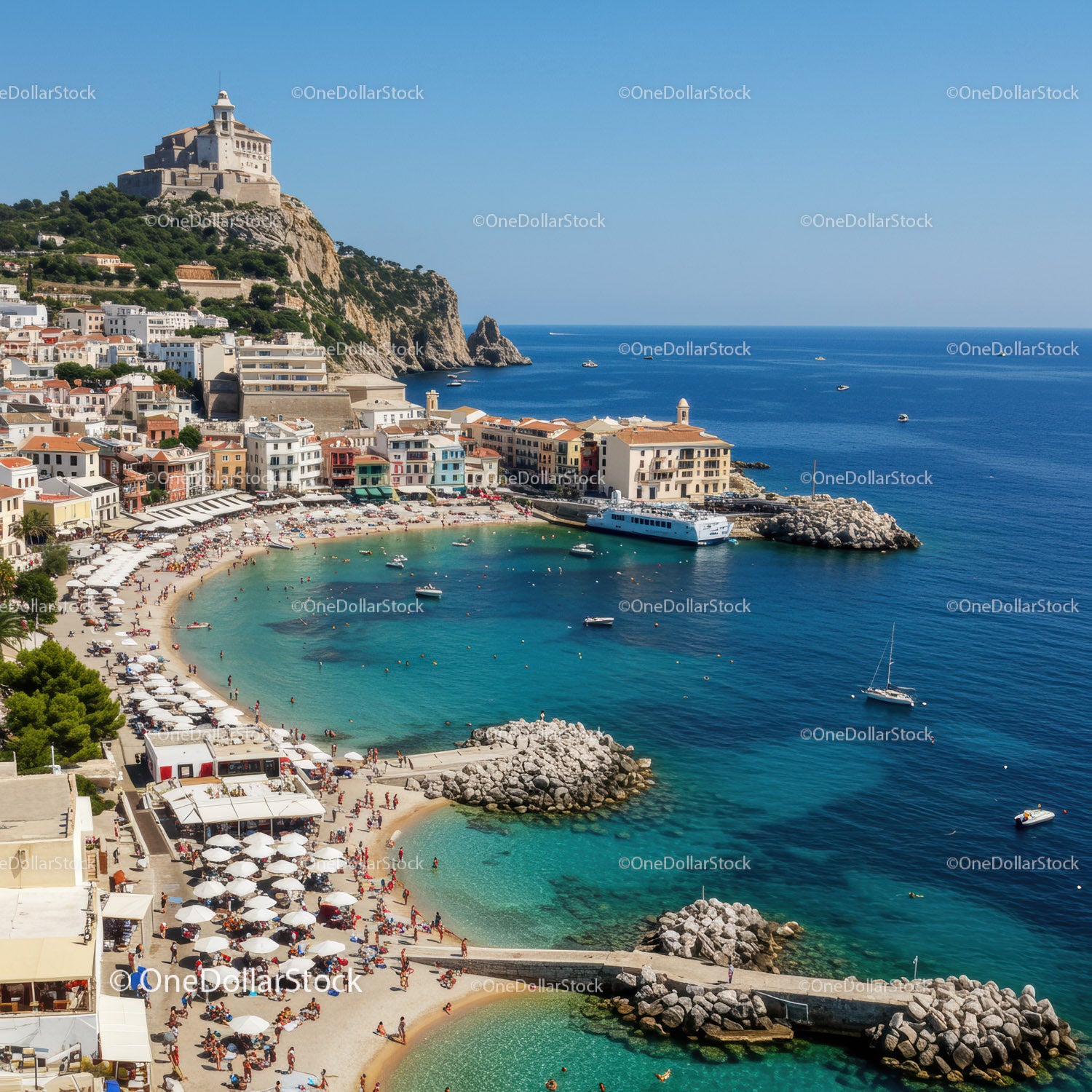 Scenic Coastal Village with Bright Buildings and Blue Seawater
