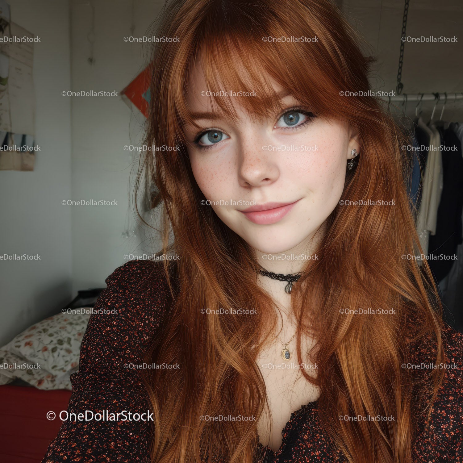 Portrait of a Young Woman with Red Hair and Blue Eyes Indoor