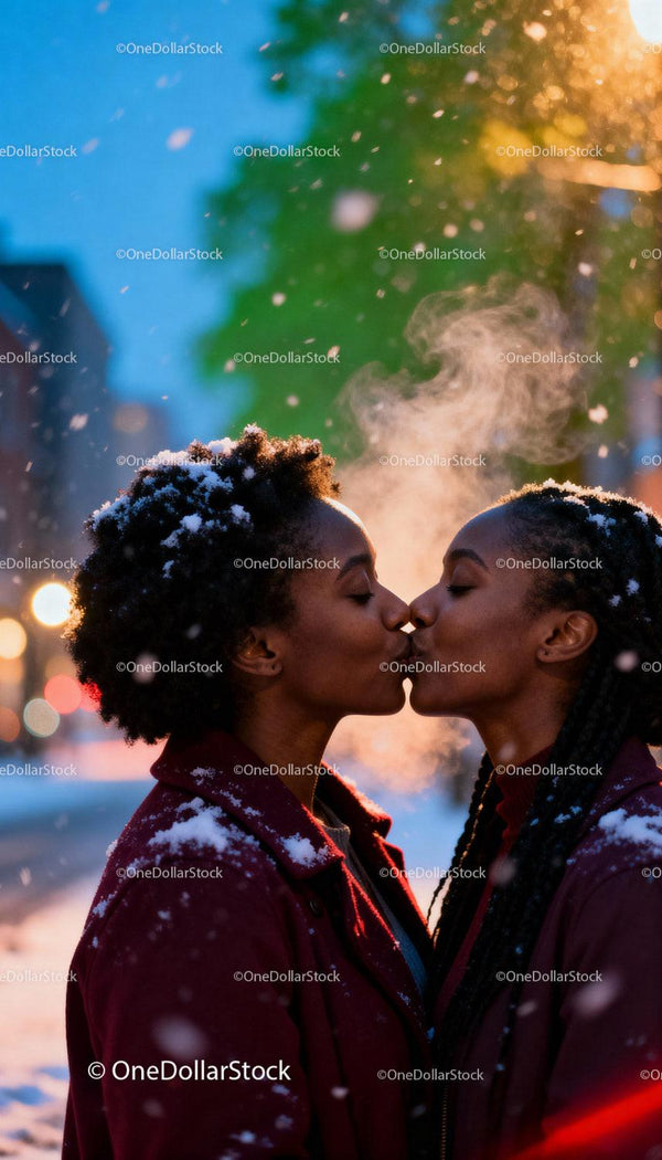 LGBTQ Couple Sharing a Tender Kiss on a Snowy Day