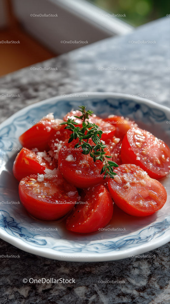Vibrant Cherry Tomato Salad with Basil Garnish on Rustic Plate