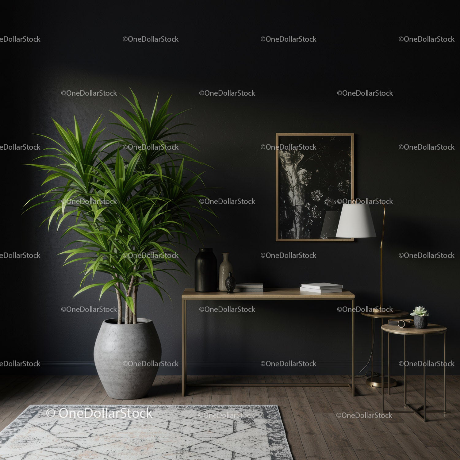 Elegant Indoor Living Room with Large Green Plant and Modern Decor
