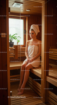 Relaxing Woman in Wooden Sauna Interior with Towel and Bathrobe