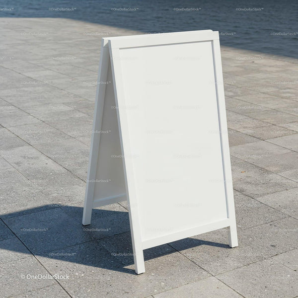 Blank White Sandwich Board on Urban Sidewalk by Water JPG Mockup Image