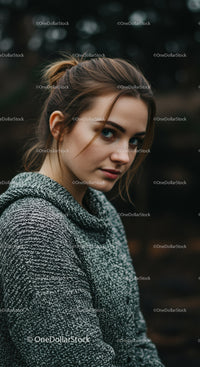 Young woman with contemplative expression in knit sweater