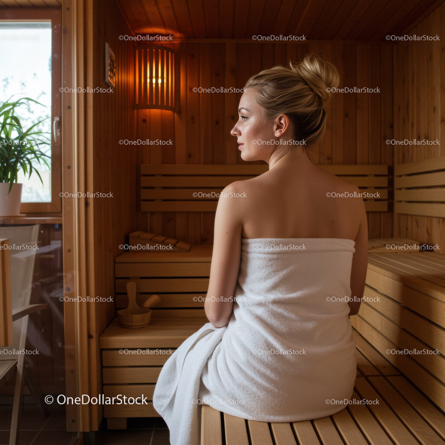 Relaxing Woman in White Towel Enjoying Sauna Interior with Wooden Benches