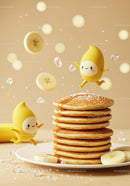 Playful banana characters jumping around pancake stack