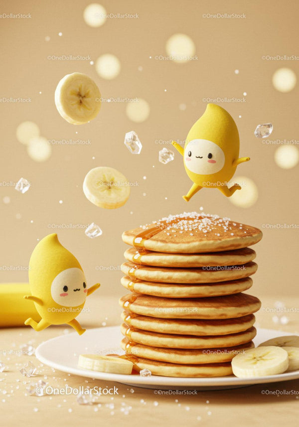 Playful banana characters jumping around pancake stack