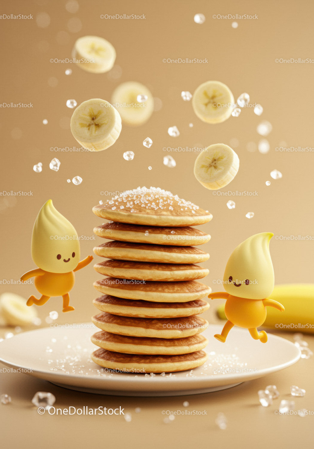 Stack of pancakes with banana slices and sugar crystals