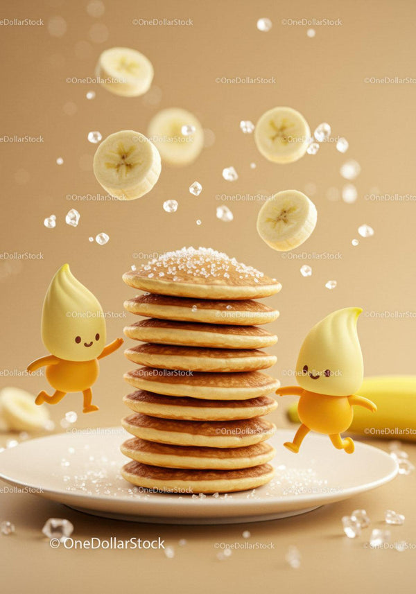 Stack of pancakes with banana slices and sugar crystals