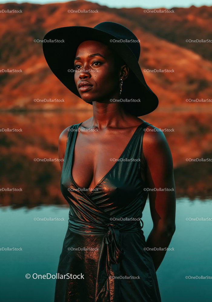 Elegant Woman in Black Dress and Wide-Brim Hat by Mountain Lake