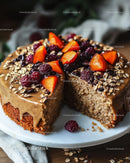 Fruit Topped Oatmeal Cake with Chocolate Glaze and Fresh Berries