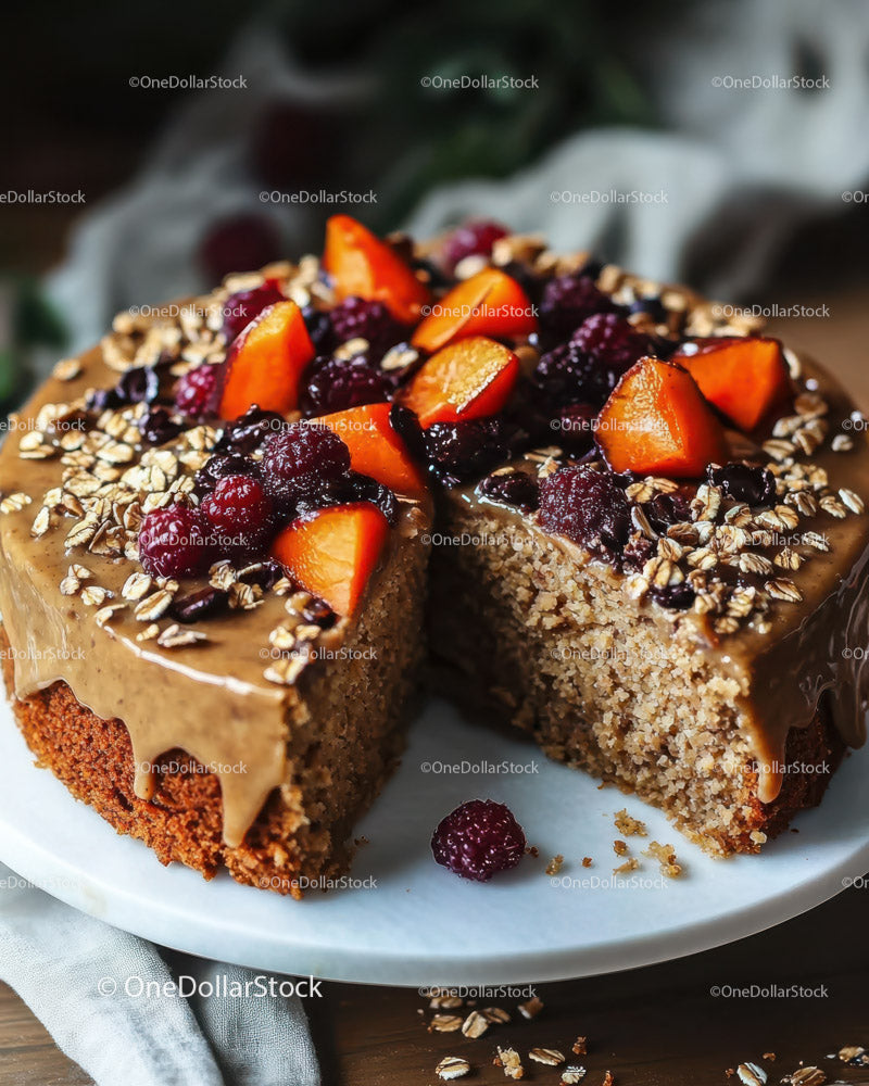 Fruit Topped Oatmeal Cake with Chocolate Glaze and Fresh Berries