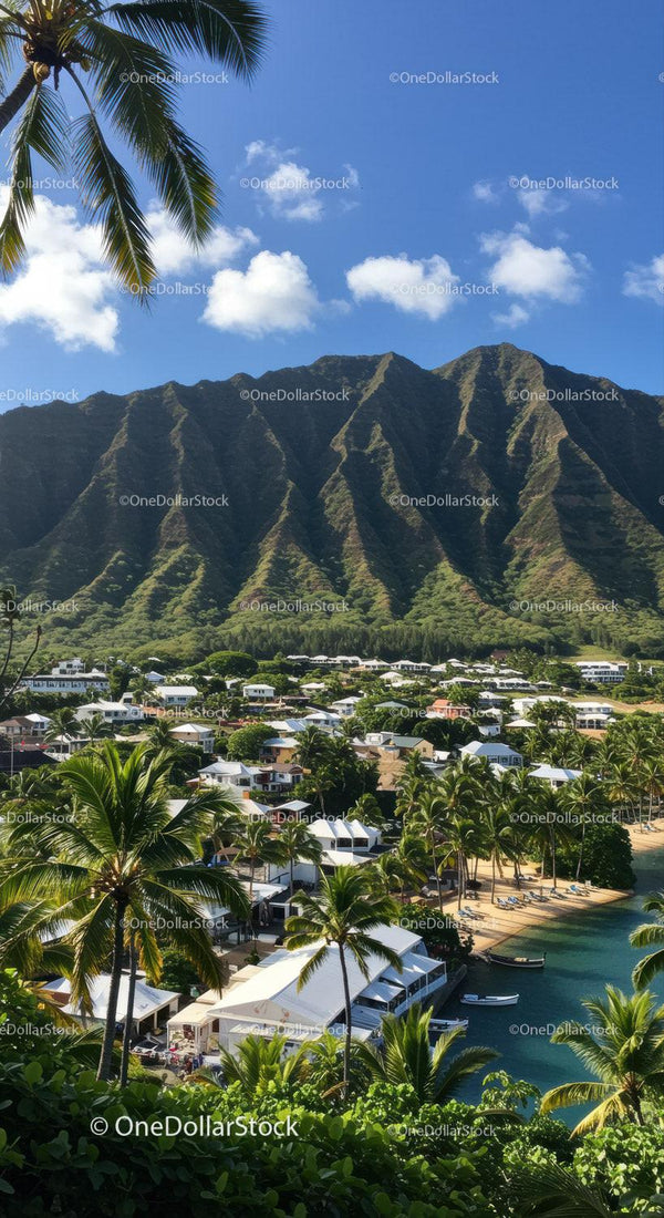 Tropical Mountain and Seaside Village Scene with Palm Trees and Boats