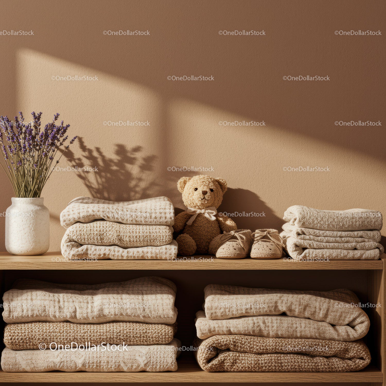 Cozy neutral nursery shelf with soft textiles and toy