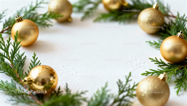 Gold Christmas baubles and cedar greenery frame