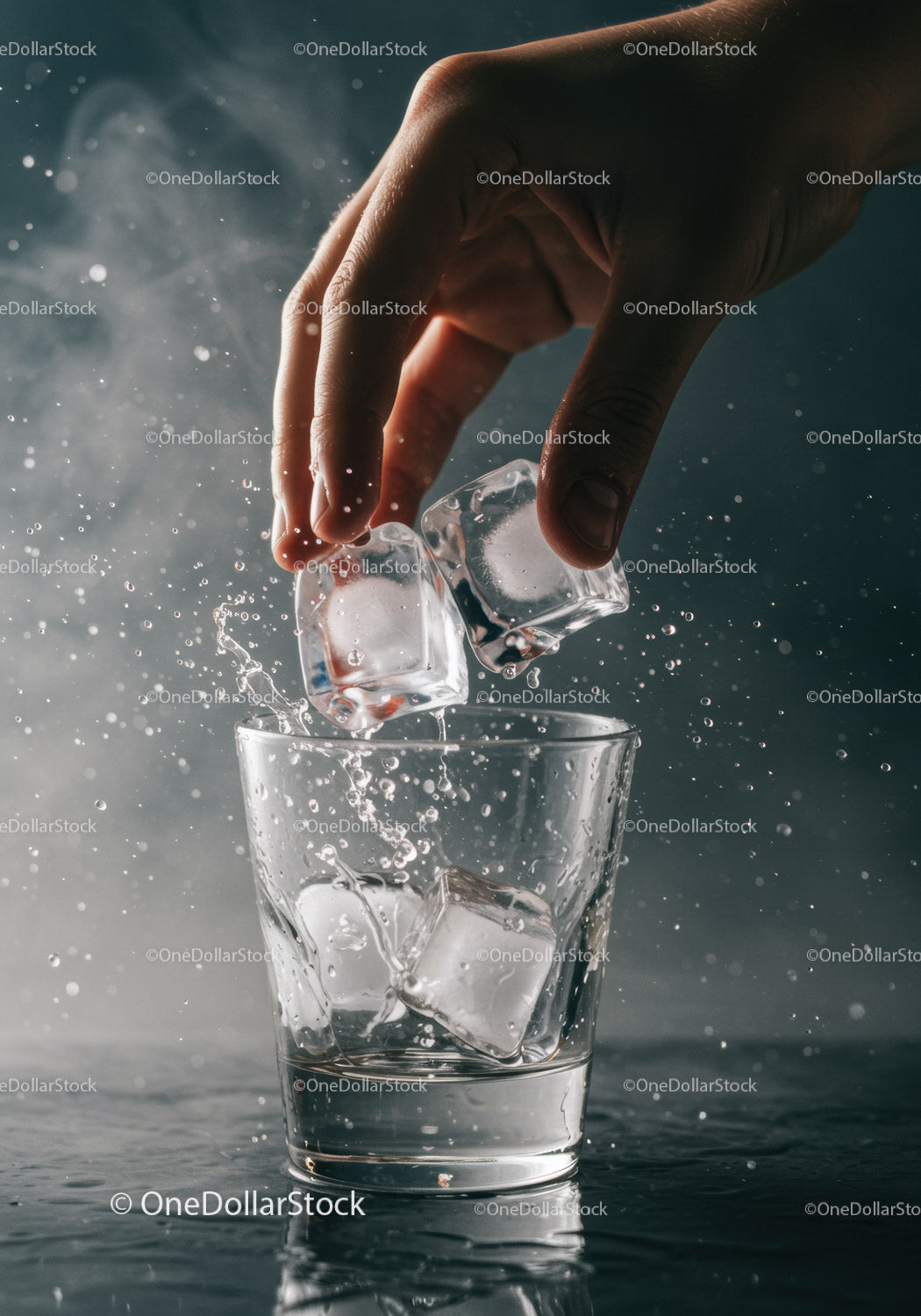 Hand dropping ice cubes into a clear glass with splashes
