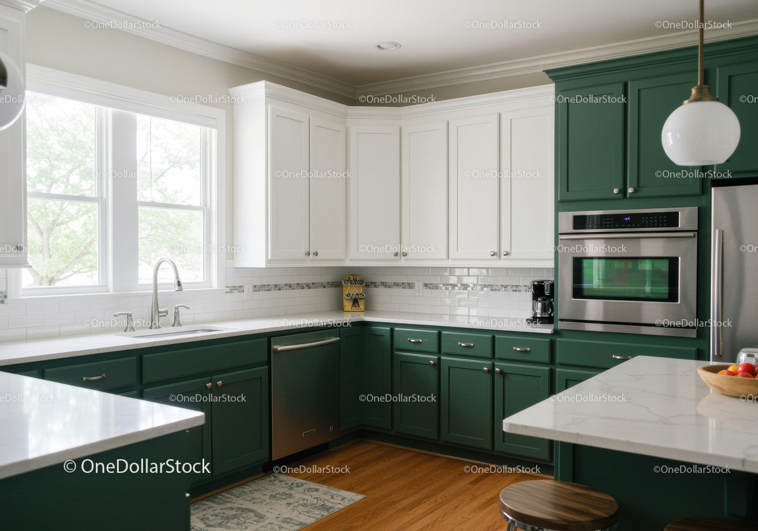 Modern Kitchen with Green Cabinets and Stainless Steel Appliances