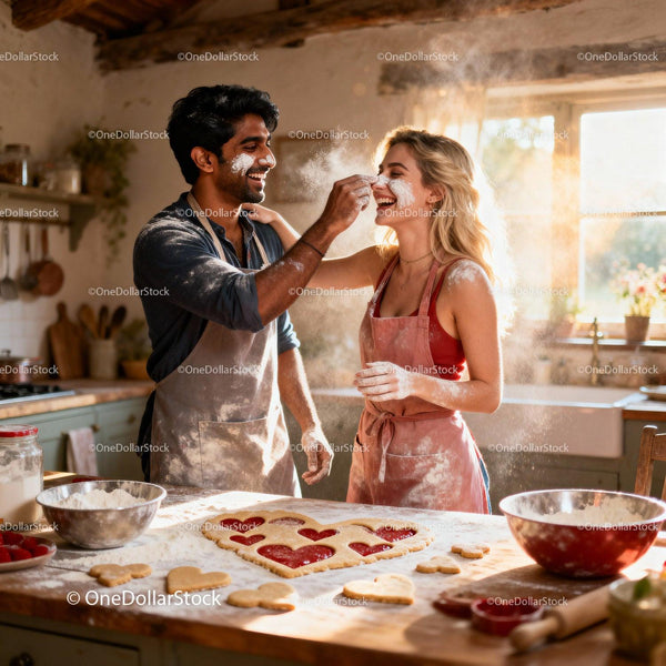 Couple Playfully Baking Heart-Shaped Cookies Together