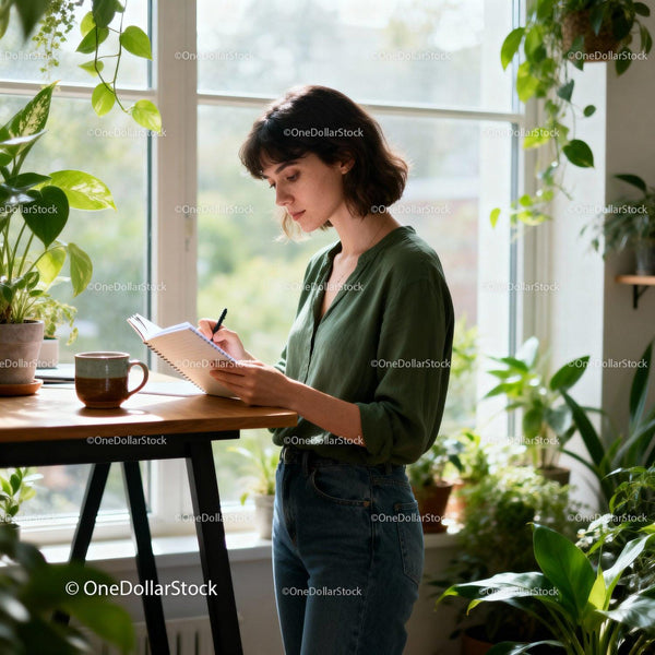 Young woman writing notes in a cozy plant-filled room