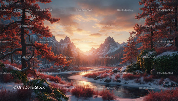 Winter River Valley at Sunset with Snowy Mountain Peaks
