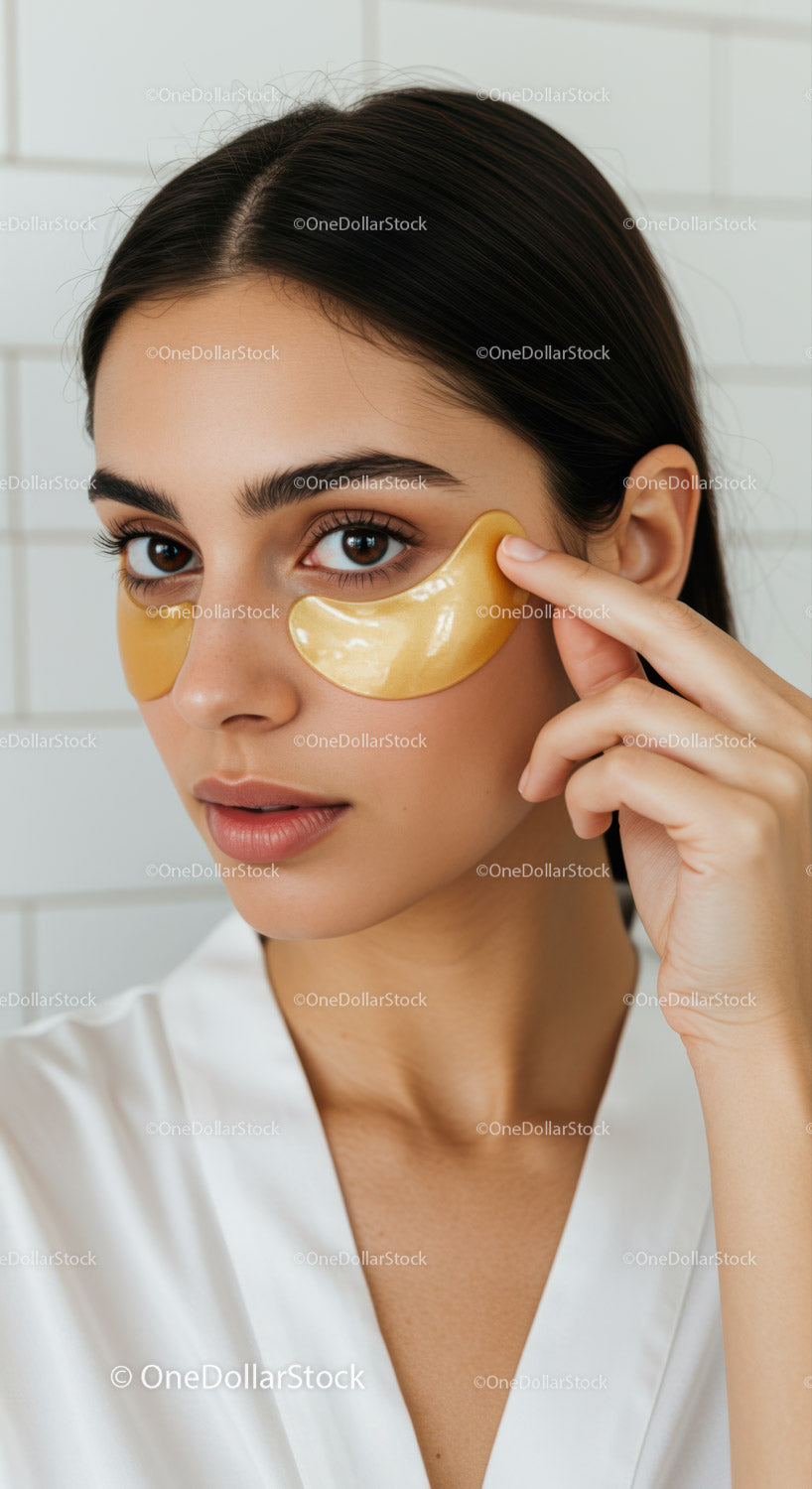 Young Woman Applying Gold Eye Patches for Rejuvenation and Beauty