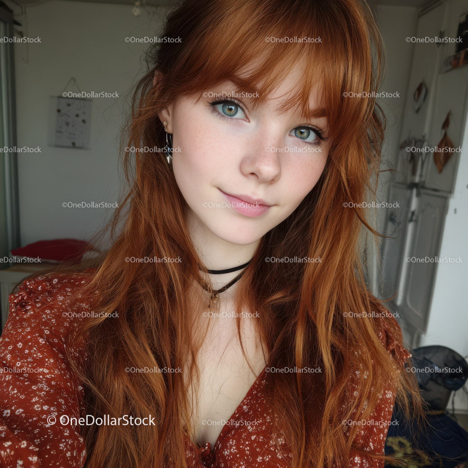 Young Woman with Red Curly Hair and Blue Eyes in Casual Style
