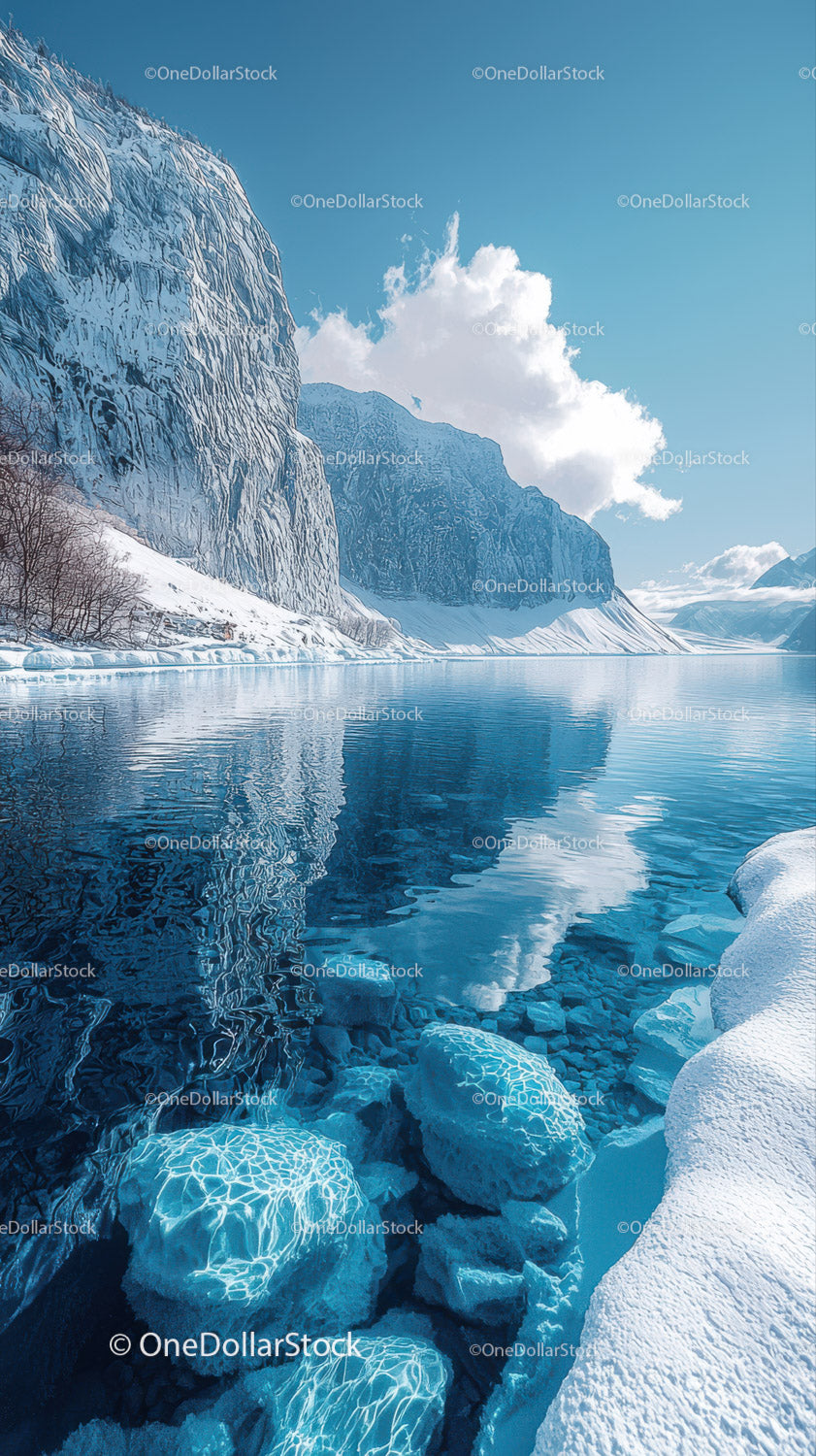 Majestic Glacier Mountains with Reflective Lake and Snowy Terrain